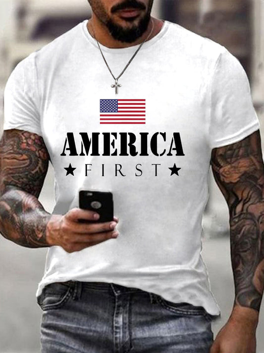 Men's America First Patriotic USA Flag Print Tee