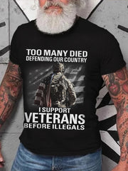 Men's I Support Veterans America First Patriotic USA Flag Print Tee