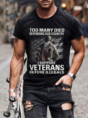 Men's I Support Veterans America First Patriotic USA Flag Print Tee