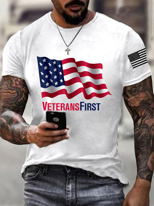 Men's Veterans First Patriotic USA Flag Print Tee