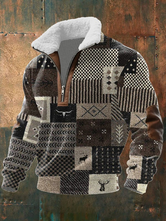 Men's Vintage Western Printed Fleece-Lined Zip Hoodie