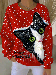 Women's Vintage Christmas Cat Printed Sweatshirt