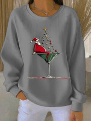 Women's Santa Claus Printed Ribbed Round-Neck Sweatshirt