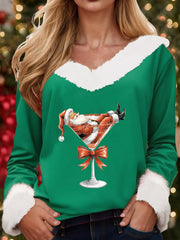 Women's Santa Claus sitting on a red wine glass with a printed fur collar top