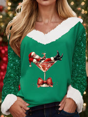 Women's Santa Claus sitting on a red wine glass with a printed fur collar top