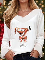 Women's Santa Claus sitting on a red wine glass with a printed fur collar top
