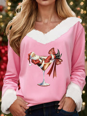 Women's Santa Claus sitting on a red wine glass with a printed fur collar top