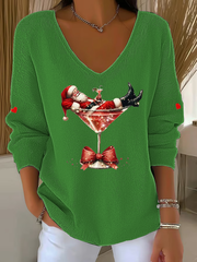 Women's Santa Claus sitting on a wine glass V-Neck Ribbed Top