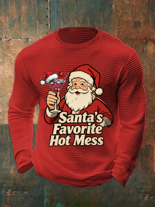 Men's Funny Christmas Santa's Favorite Hot Mess Casual Waffle Long Sleeve Top