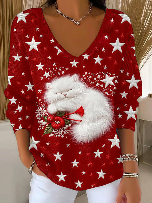Women's Christmas Cute Sleeping Cat Stars Art V-Neck Ribbed Top