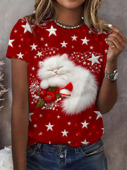 Women's Christmas Cute Sleeping Cat Stars Art Short SleeveT-shirt