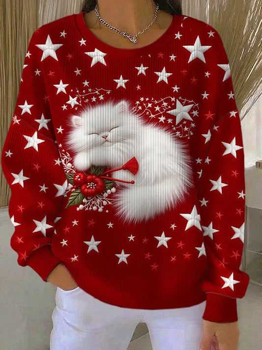 Women's Christmas Cute Sleeping Cat Stars Art Ribbed Round-Neck Sweatshirt