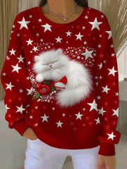 Women's Christmas Cute Sleeping Cat Stars Art Ribbed Round-Neck Sweatshirt