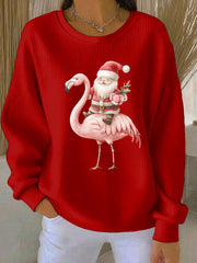 Women's Santa Claus sitting on a flamingo print Ribbed Round-Neck Sweatshirt
