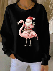 Women's Santa Claus sitting on a flamingo print Ribbed Round-Neck Sweatshirt