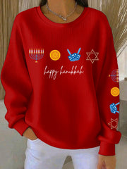 Women's Happy Hanukkah Ribbed Round-Neck Sweatshirt