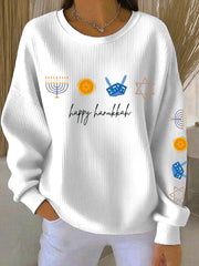 Women's Happy Hanukkah Ribbed Round-Neck Sweatshirt