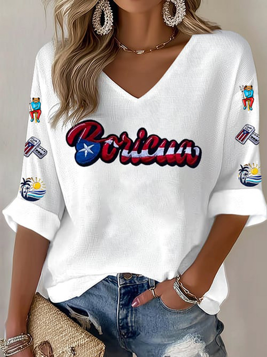 Women's Puerto Rico Print Casual Waffle T-shirt