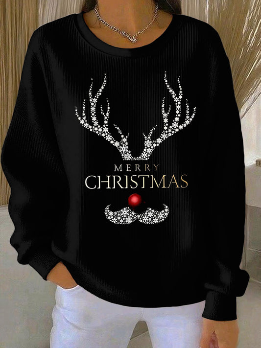 Women's Merry Christmas print Ribbed Round-Neck Sweatshirt