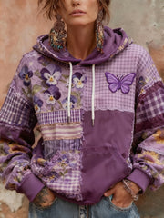 Women's Alzheimer's Awareness Purple Floral Butterfly Patchwork Hooded
