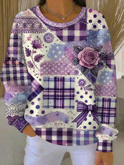 Women's Alzheimer's Awareness Purple Floral Patchwork Ribbed Round-Neck Sweatshirt