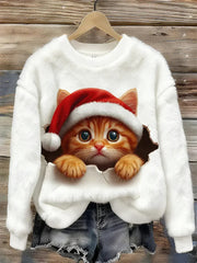 Women's Cute Christmas Cat Art Print Casual Flannel Sweatshirt