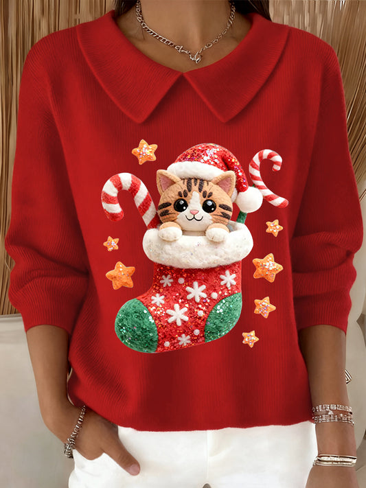 Women's Christmas Christmas Stocking Cute Cat Printed Baby Doll Collar Top