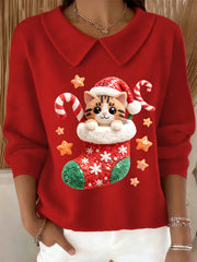 Women's Christmas Christmas Stocking Cute Cat Printed Baby Doll Collar Top