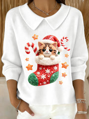 Women's Christmas Christmas Stocking Cute Cat Printed Baby Doll Collar Top