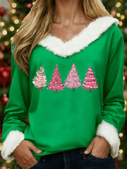 Women's Christmas Tree Print Casual Fur Collar Top