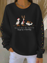 Women's  Funny Christmas Goose Walking By Faith Tripping Constantly Ribbed Round-Neck Sweatshirt