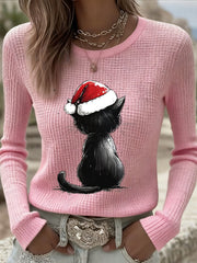 Women's Cute Christmas Cat Print Cat Lovers Casual Long Sleeve Waffle Top