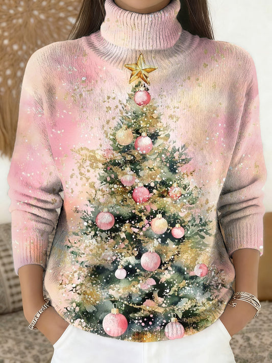 Women's Merry Christmas Print Knit Turtleneck Pullover Sweater