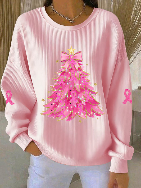 Women's Christmas Tree Pink Round-Neck Sweatshirt