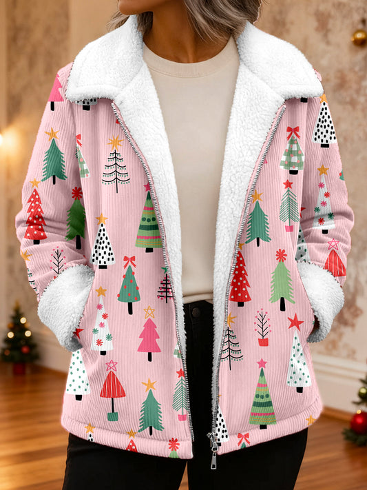 Women's Christmas Tree Pattern Fleece Corduroy Jacket