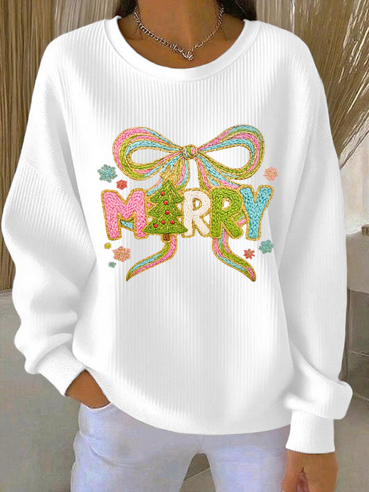 Women's Christmas Merry Christmas  Ribbed Round-Neck Sweatshirt