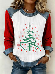 Women's Merry Christmas Jesus Cross Christmas Tree Art Printed Casual Waffle Top
