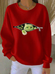 Women's EW People Green Cat Ribbed Round-Neck Sweatshirt