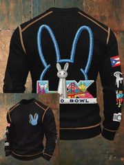 Men's Bunny Football Music Lover Printed Waffle Long Sleeve T-Shirt