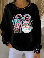 Women's Santa Claus pink and blue leopard print Ribbed Round-Neck Sweatshirt