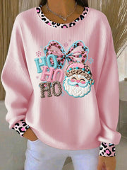 Women's Santa Claus pink and blue leopard print Ribbed Round-Neck Sweatshirt