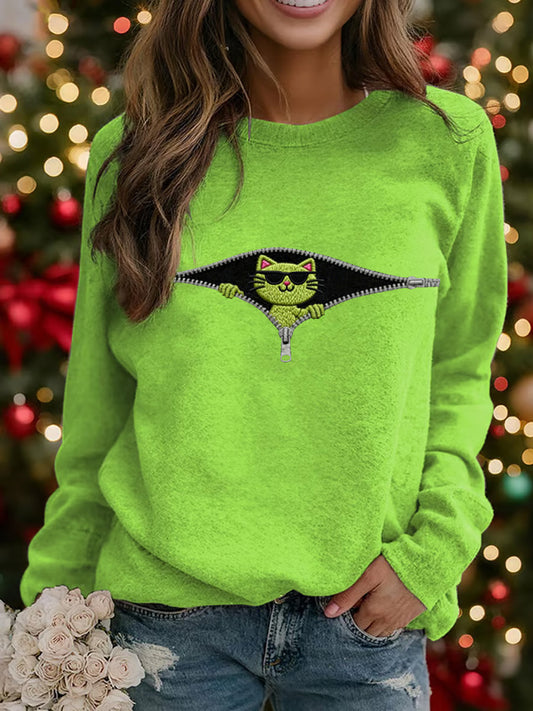 Women's Funny Christmas Grinch Cat Print Casual Sweatshirt