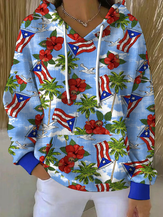 Women's Puerto Rico Flag Flower Art Printed Hoodie