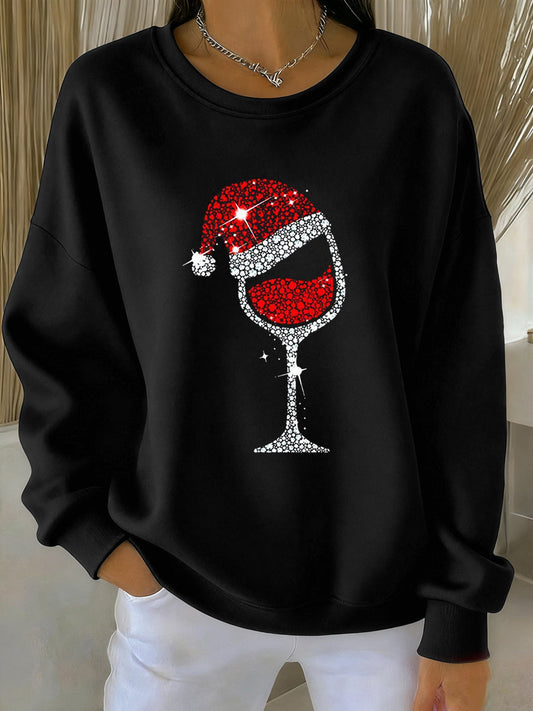 Women's Christmas Red Wine Glass Print Casual Sweatshirt