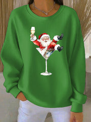 Women's Santa Claus and red wine glass print Ribbed Round-Neck Sweatshirt