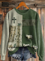 Women's Faith Cross Cute Lamb Print Sweatshirt