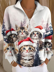 Women's Watercolor Christmas Cat Print Zipper Crewneck Sweatshirt
