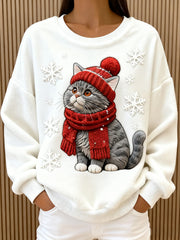 Women's Cute Christmas Cat Art Print Casual Flannel Hoodie