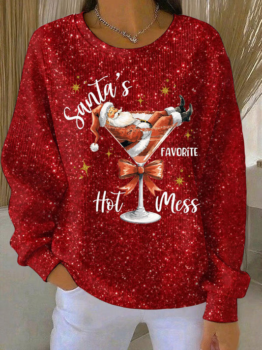 Women's Santa's Favorite Hot Mess Print Ribbed Round-Neck Sweatshirt