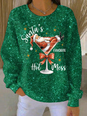 Women's Santa's Favorite Hot Mess Print Ribbed Round-Neck Sweatshirt